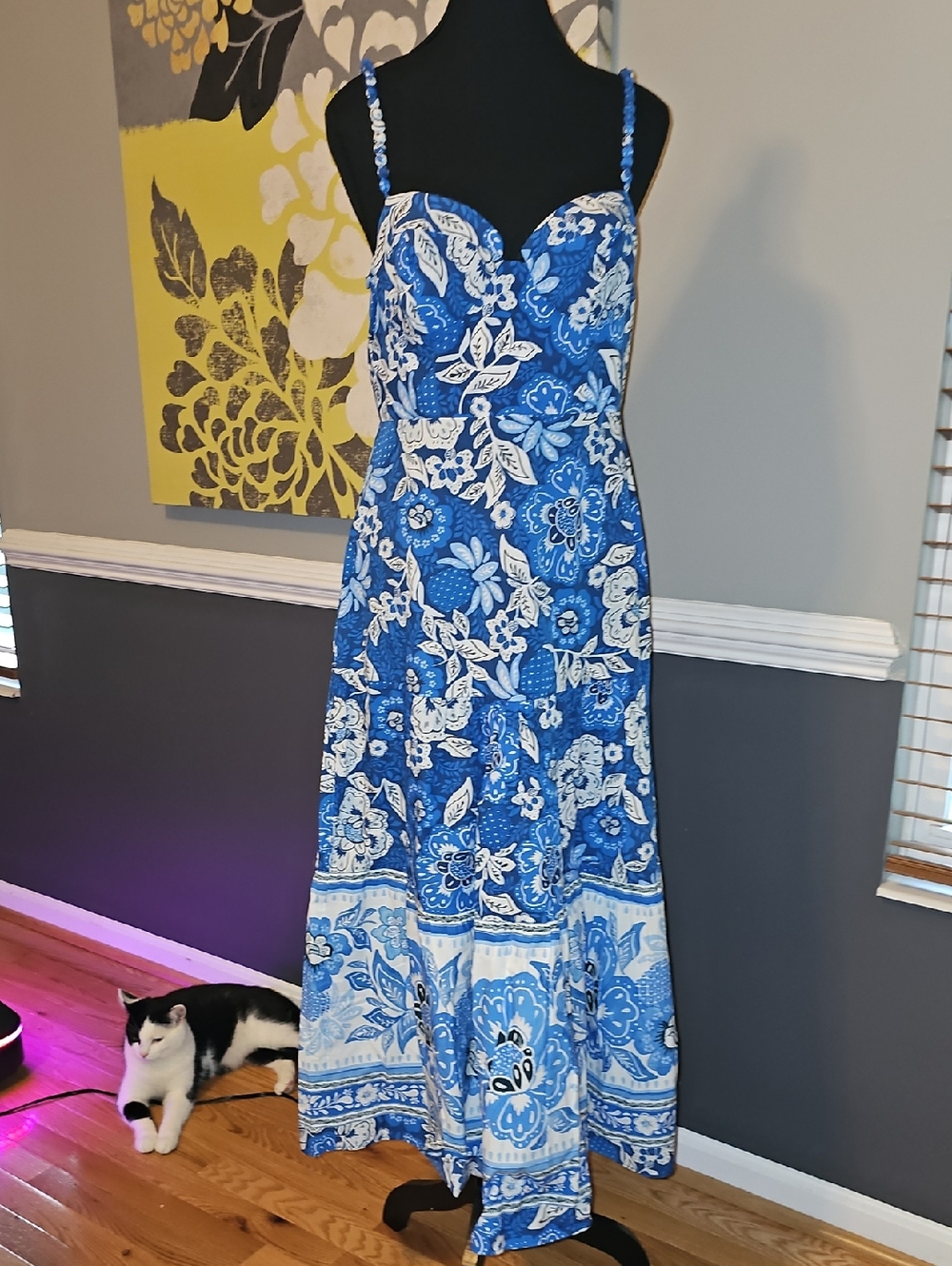 NWOT - Farm Rio - Blue Floral Sweetheart Maxi Dress with Spaghetti Straps - Sz M